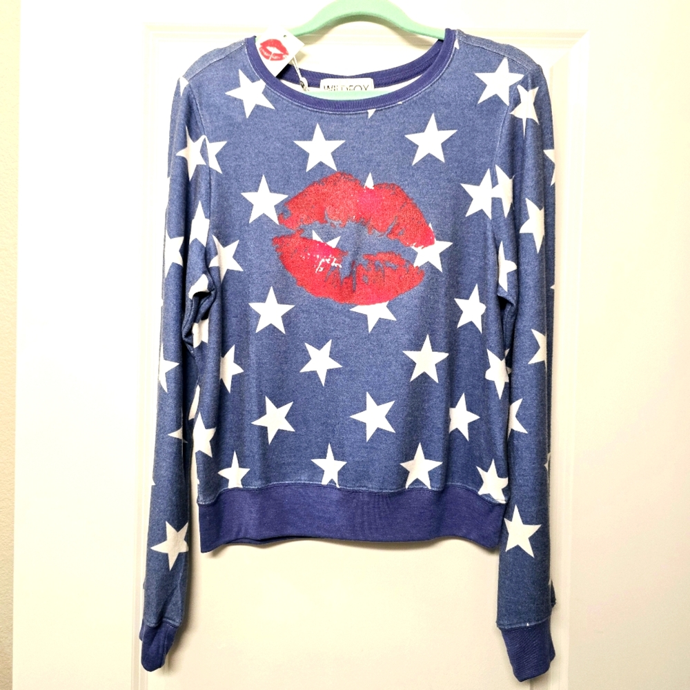 Wildfox Blue Stars & Lips Baggy Beach Jumper NWT